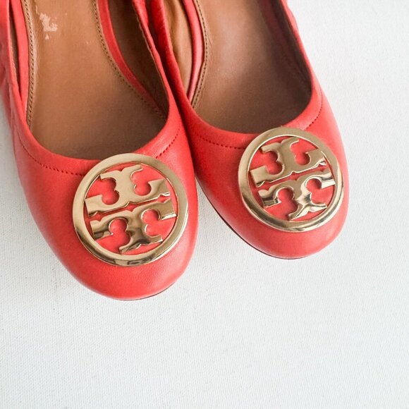 Tory Burch Leather Coral Orange Scrunch Back Low Black Heel Flats 6.5 - Picture 7 of 12